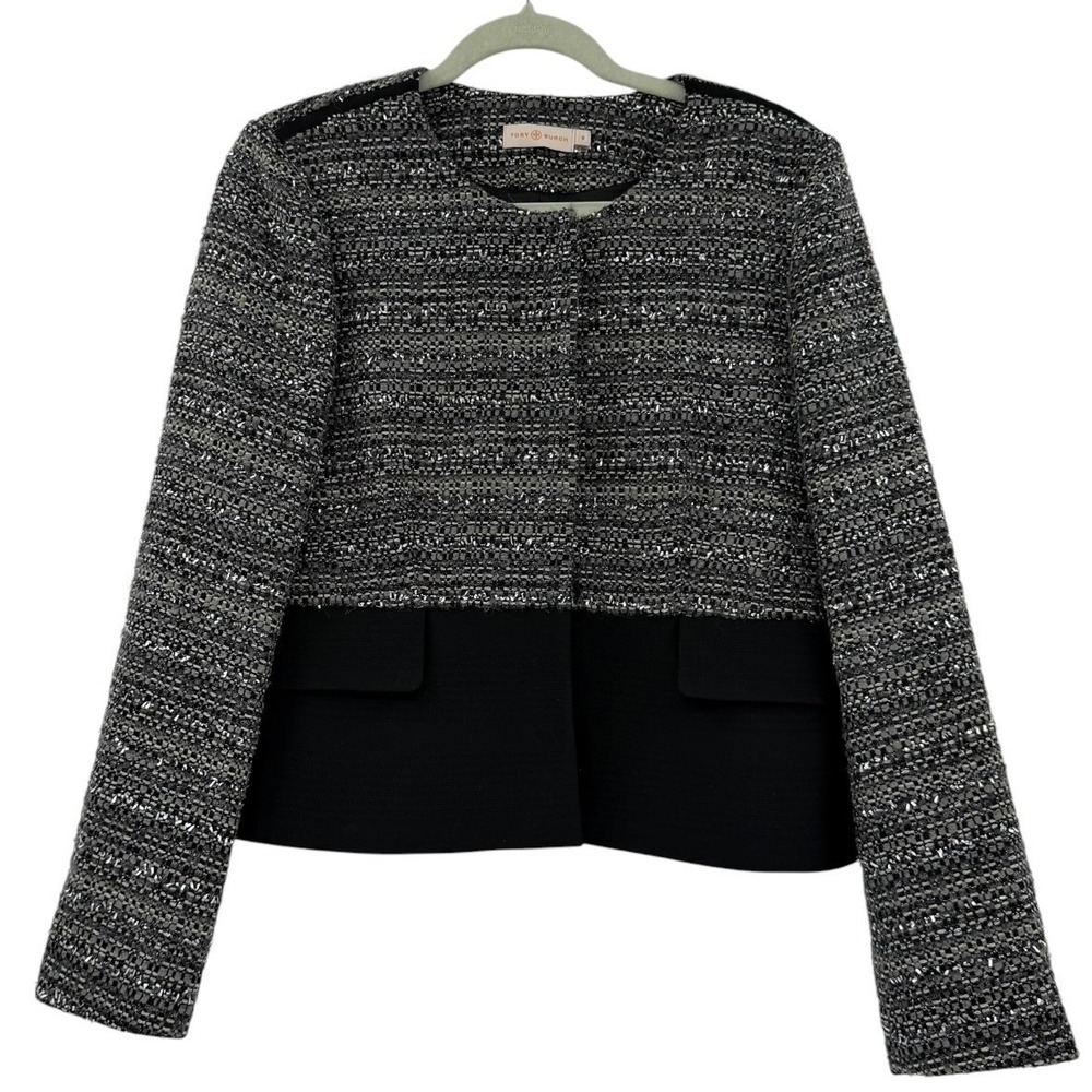 Tory Burch Metallic Tweed Mixed Media Peplum Jacket Grey Black Size 10